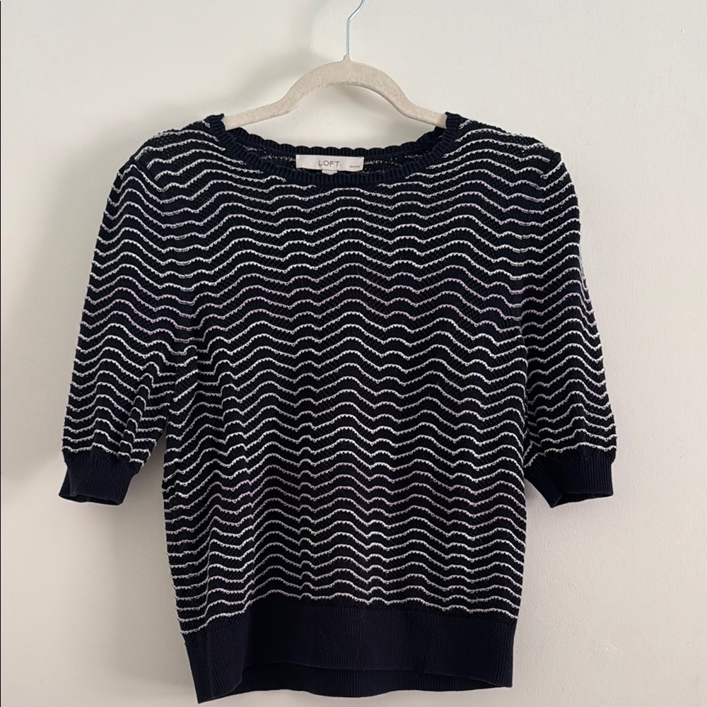 LOFT Navy, White and Lilac Chevron Crew Neck Sweater